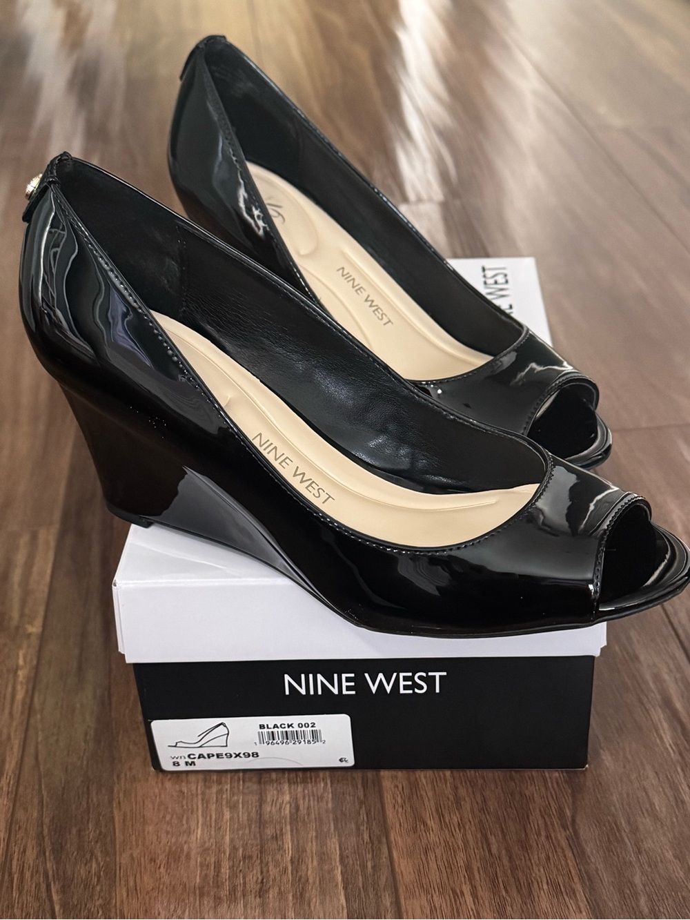 Nine West “Cape” Black Patent Peep-Toe Wedge Heels 8M